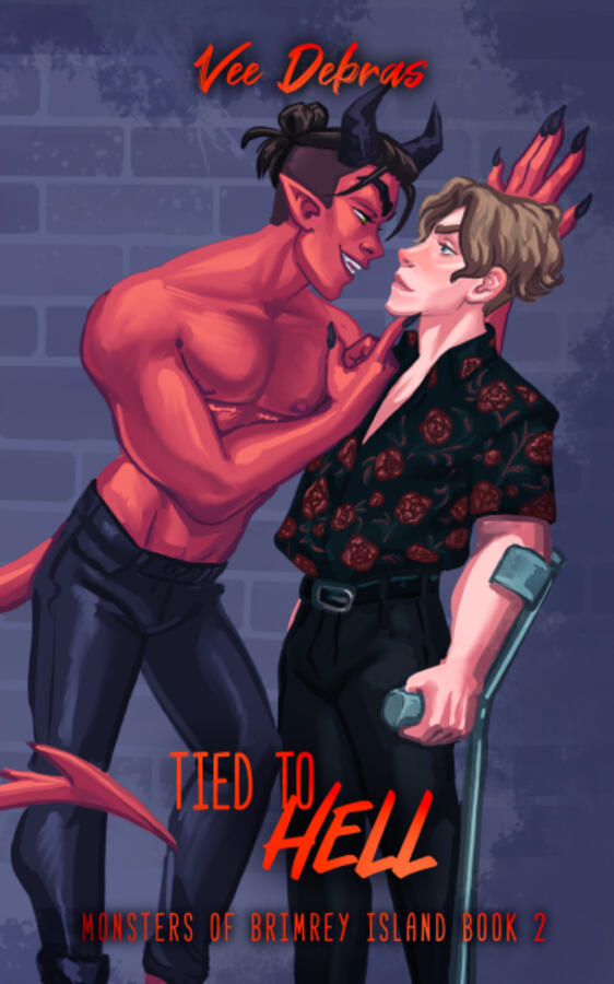 The cover for Tied to Hell by Vee Debras. The cover features a man using forearm crutches and a transmasculine demon, in a flirting stance, backed by a brick wall.