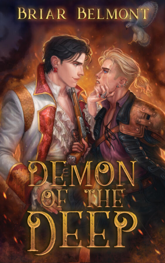 The cover for Demon of the Deep by Briar Belmont. The cover features two men in pirate attire, one holding the other's chin, backed by glimpses of fire.