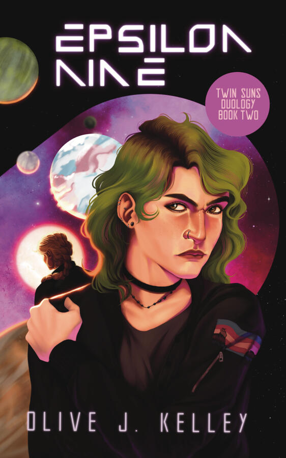 The cover for Epsilon Nine by Olive J. Kelley. The cover features a woman with green hair facing front, backed by multiple planets and snapshots of outer space.