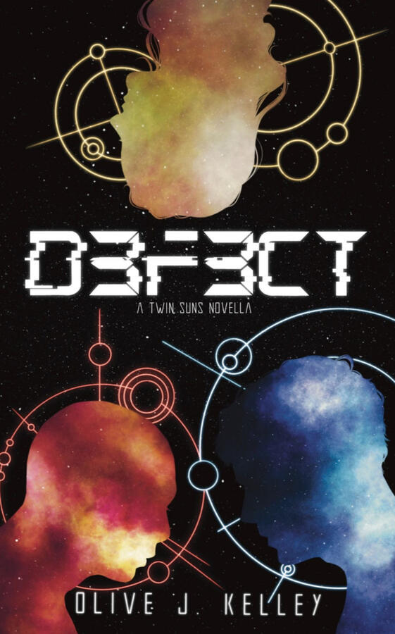 Defect by Olive J. Kelley, stylized as D3F3CT. The cover features the silhouette of three heads, in red, yellow, and blue, over a black outer space background.