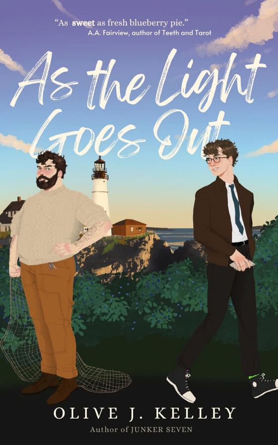 The cover for As the Light Goes Out by Olive J. Kelley. The cover features two men looking at each other from a short distance, backed by the scenery of coastal Maine, and a prominent lighthouse.
