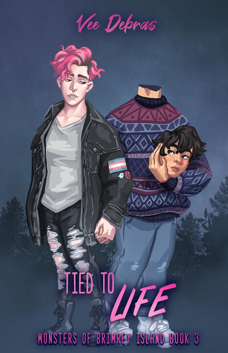 Cover of Tied to Life by Vee Debras. Two people hold hands on a backdrop of a gray foggy forest.